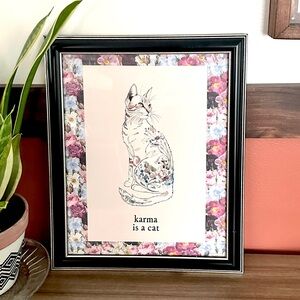Karma is a Cat Moody Floral Line Drawing Canvas Art Print Black Framed Wall Art